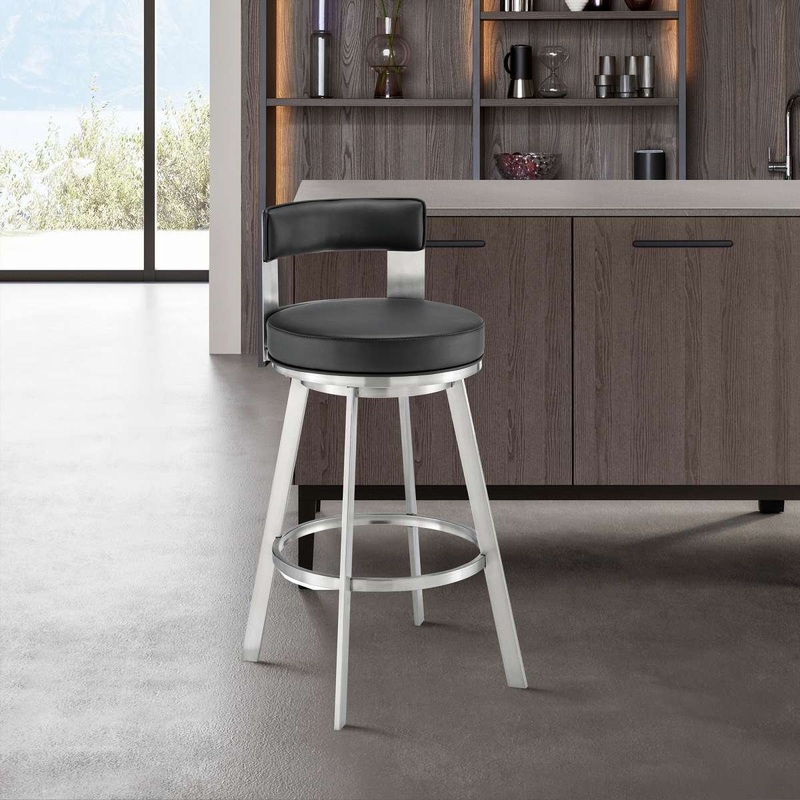 Flynn 26" Swivel Counter Stool in Brushed Stainless Steel with Black Faux Leather By Armen Living