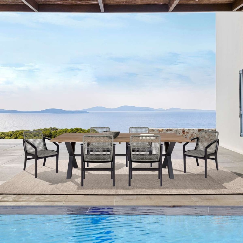 Glendora Beckham Outdoor Patio 7 Piece Live Edge Dining Set in Eucalyptus Wood and Gray Rope By Armen Living
