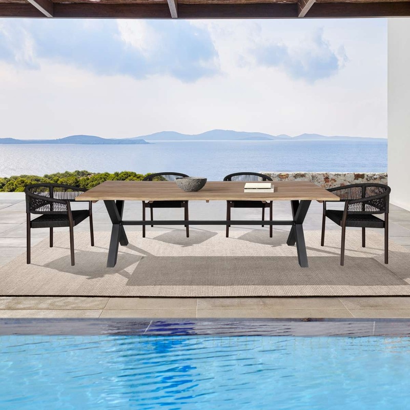 Glendora Doris Outdoor Patio 5 Piece Live Edge Dining Set in Eucalyptus Wood and Black Rope By Armen Living
