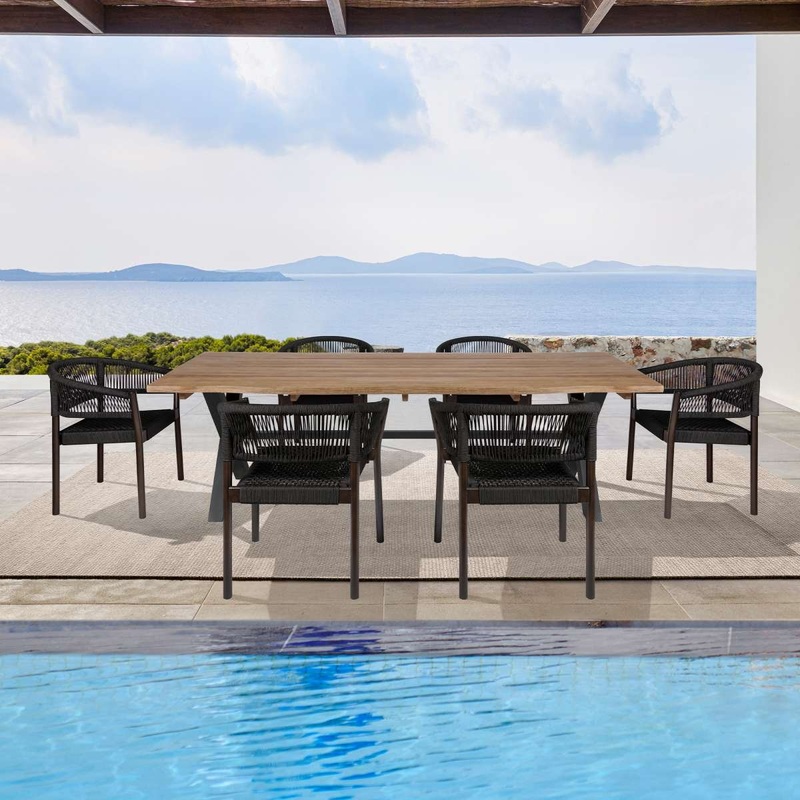 Glendora Doris Outdoor Patio 7 Piece Live Edge Dining Set in Eucalyptus Wood and Black Rope By Armen Living