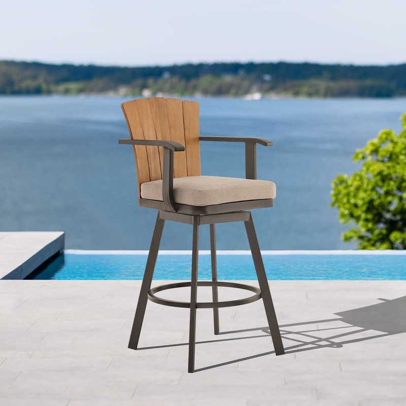 Hazel Outdoor Patio Swivel Counter Stool in Aluminum with Teak Wood and Brown Cushion By Armen Living