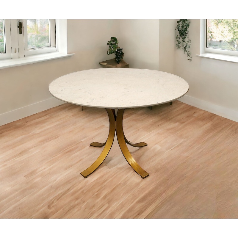 Ivory And Brass Rounded Marble And Iron Pedestal Base Dining Table By Homeroots
