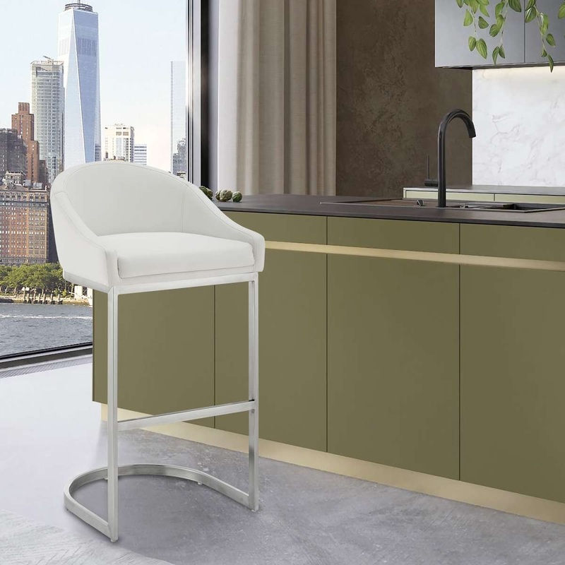 Katherine 30" Bar Stool in Brushed Stainless Steel with White Faux Leather By Armen Living
