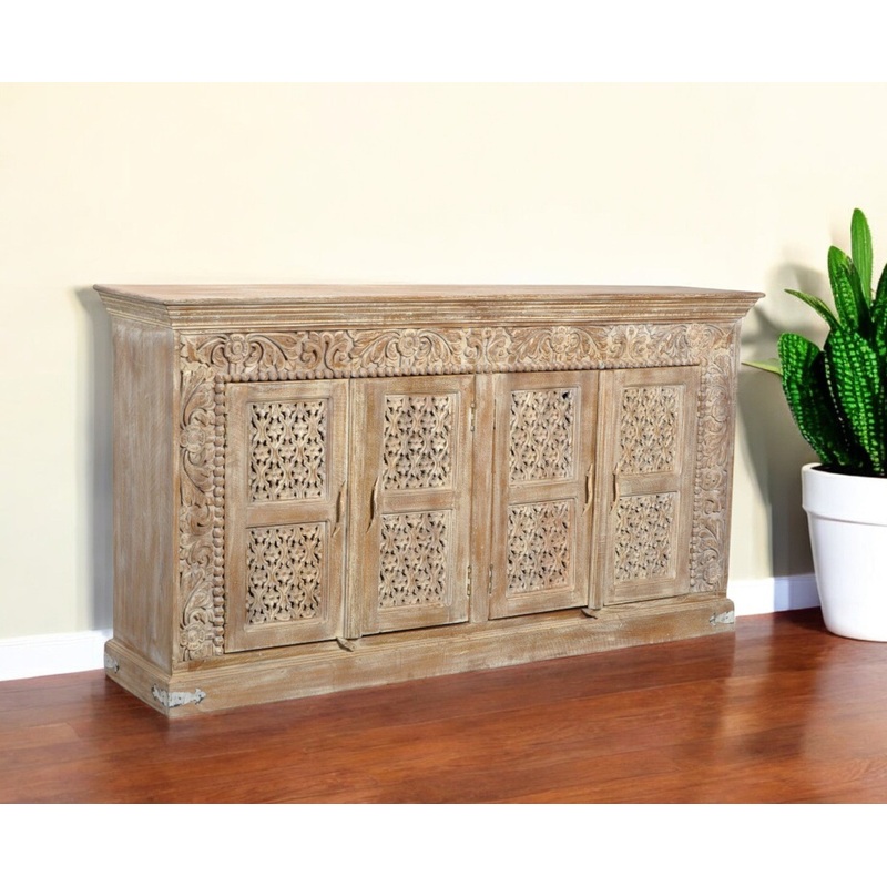 Light Brown Solid Wood Sideboard with Four Doors By Homeroots