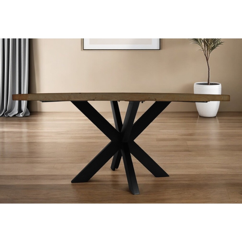 Natural And Black Rounded Solid Wood And Iron Pedestal Base Dining Table By Homeroots