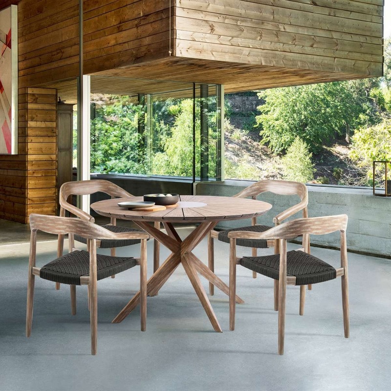 Oasis Santo Outdoor Patio 5 Piece Round Dining Set in Eucalyptus Wood and Charcoal Rope  By Armen Living
