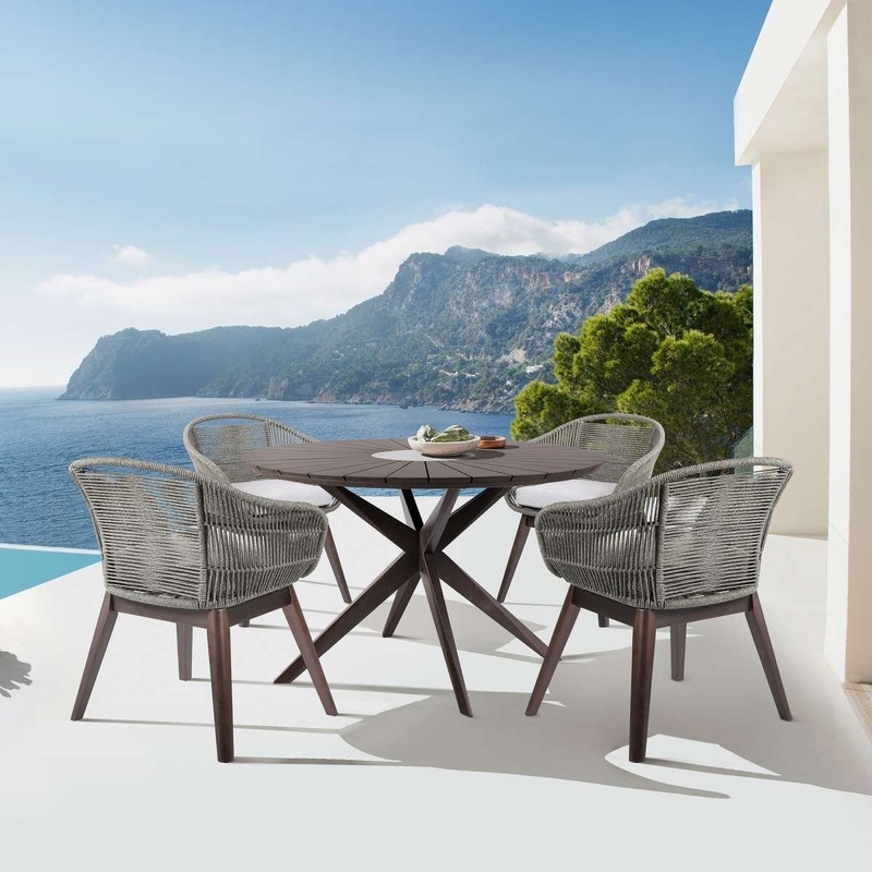 Oasis Tutti Frutti Outdoor Patio 5 Piece Round Dining Set in Eucalyptus Wood with Gray Rope and Cushions By Armen Living