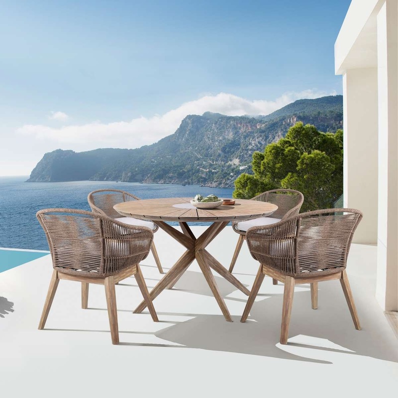 Oasis Tutti Frutti Outdoor Patio 5 Piece Round Dining Set in Eucalyptus Wood with Truffle Rope and Gray Cushions By Armen Living