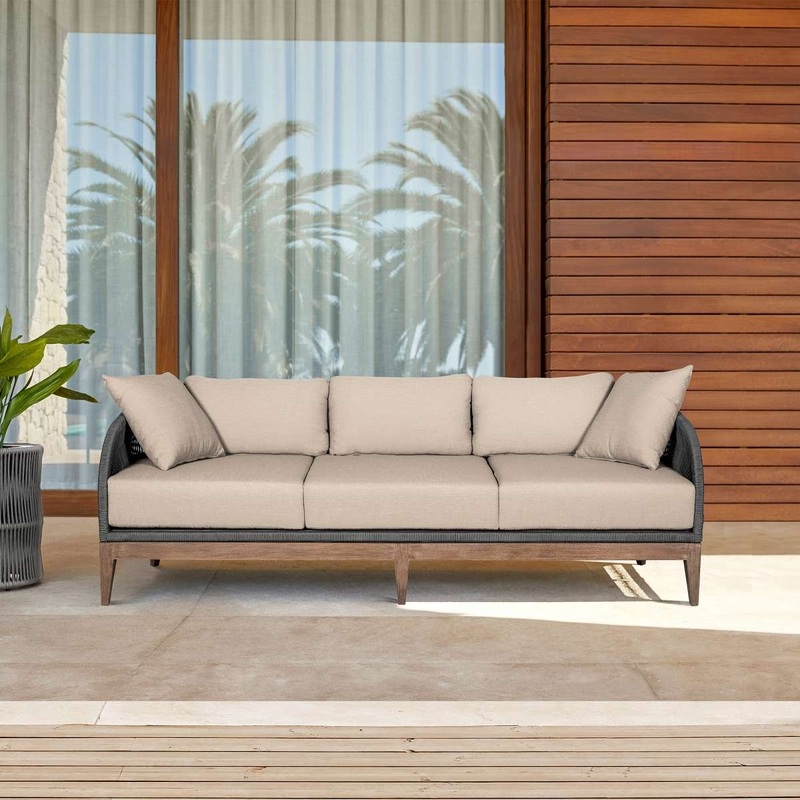 Orbit Outdoor Patio Sofa in Weathered Eucalyptus Wood with Gray Rope and Taupe Olefin Cushions By Armen Living