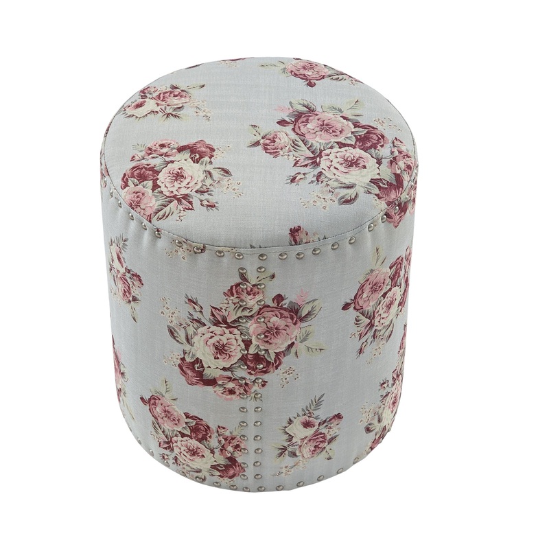 Pink Linen Round Floral Ottoman By Homeroots