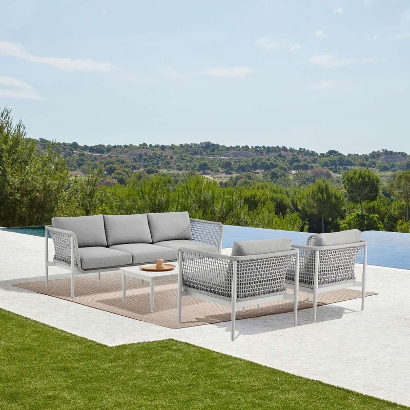 Rhodes Outdoor Patio 4 Piece Conversation Set in Aluminum with Sintered Stone and Gray Cushions By Armen Living