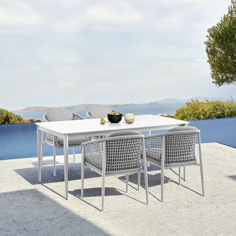Rhodes Outdoor Patio 5 Piece Dining Set in Aluminum with Sintered Stone and Gray Cushions By Armen Living