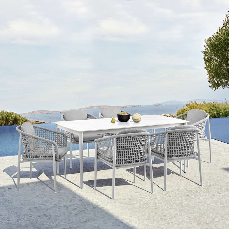 Rhodes Outdoor Patio 7 Piece Dining Set in Aluminum with Sintered Stone and Gray Cushions By Armen Living