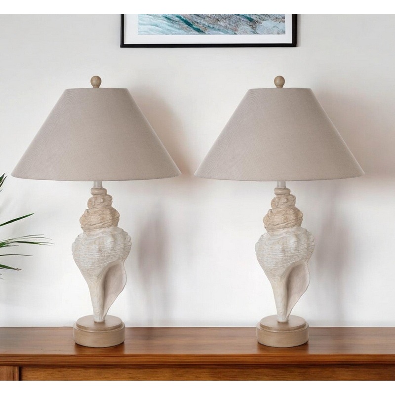 Set of Two Beige and Brown Novelty Table Lamp Coastal With Tan Empire Shade By Homeroots