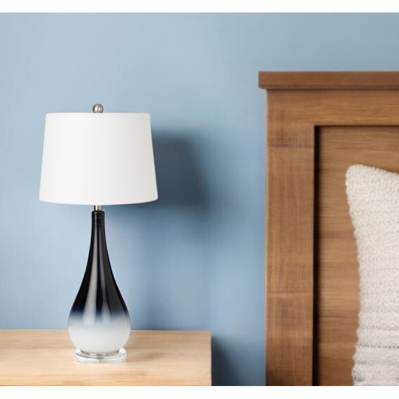 Set of Two Black And White Glass Table Lamps With White Empire Shade By Homeroots