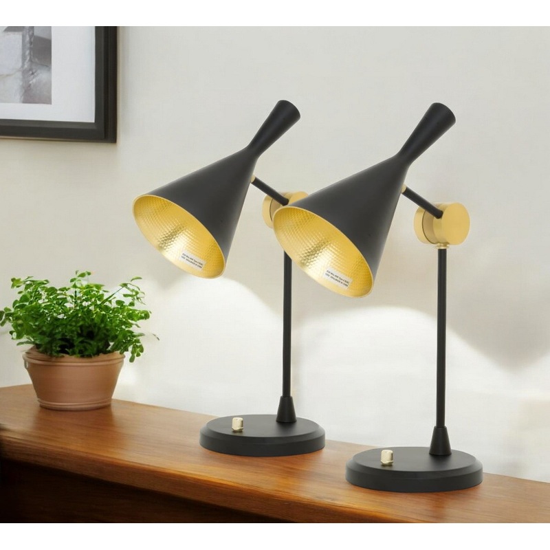 Set of Two Black Metal Geometric Desk Table Lamps With Black and Gold Cone Shade By Homeroots