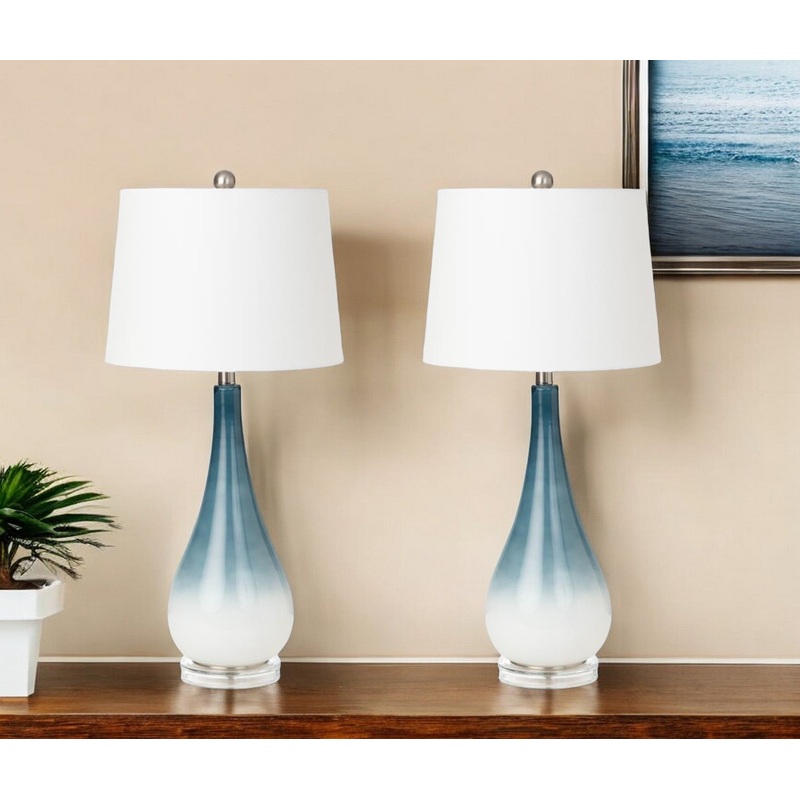 Set of Two Blue and White Glass Table Lamps With White Empire Shade By Homeroots