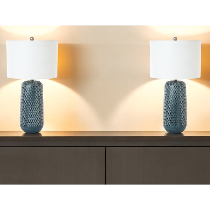 Set of Two Blue Ceramic Geometric Table Lamp With White Drum Shade By Homeroots
