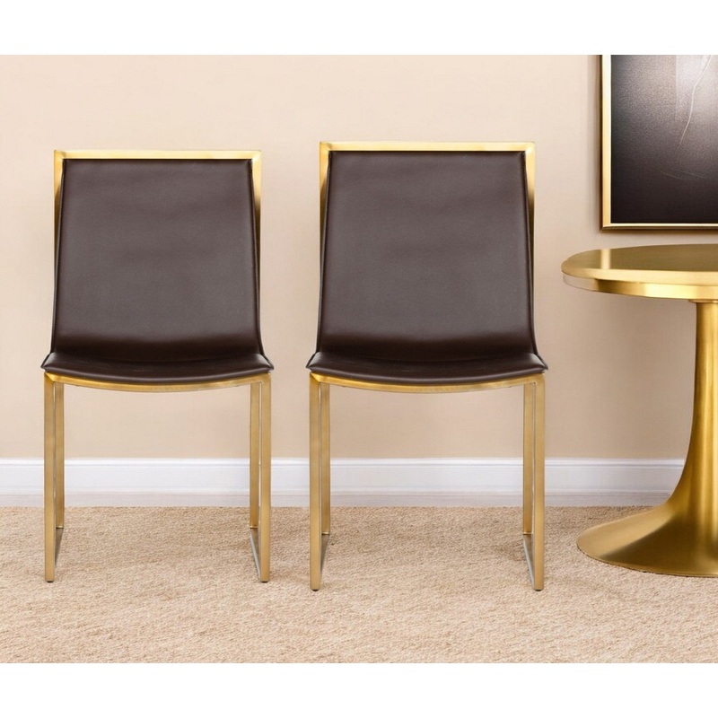 Set of Two Brown And Brass Upholstered Faux Leather Dining Side Chairs By Homeroots