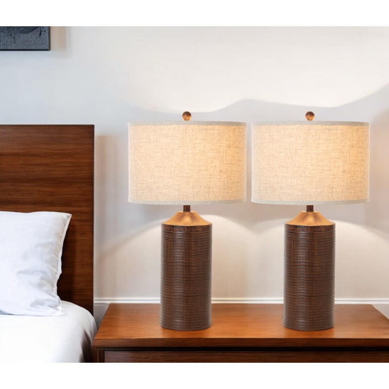 Set of Two Distressed Brown Table Lamp USB With Beige Drum Shade By Homeroots