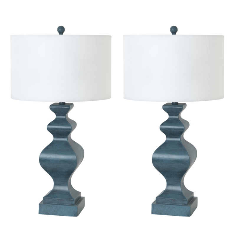 Set of Two Distressed Teal Table Lamps With White Drum Shade By Homeroots