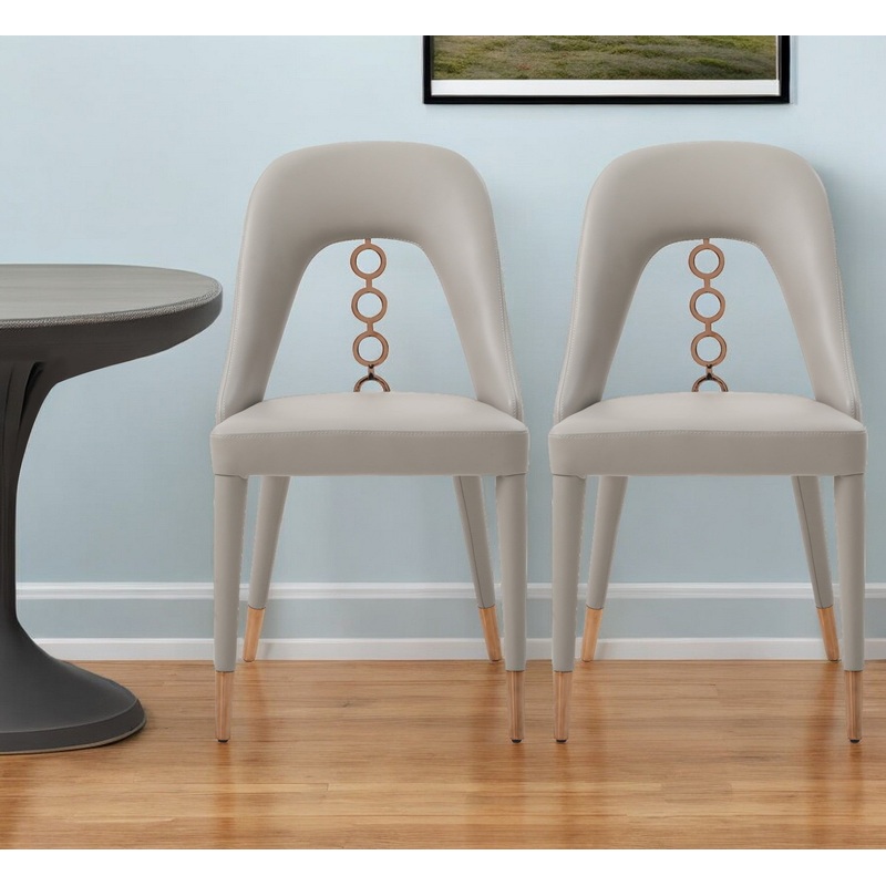 Set of Two Light Gray Faux Leather Dining Side Chairs With Rose Gold Accents By Homeroots