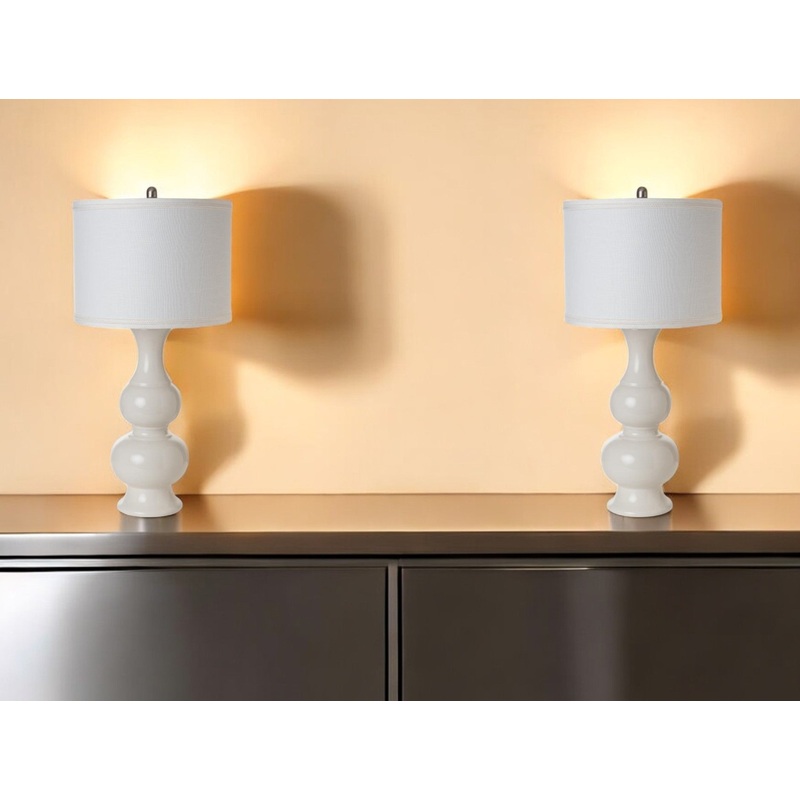 Set of Two Off White Ceramic Gourd Table Lamp With Off White Drum Shade By Homeroots