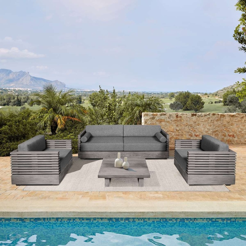 Vivid Outdoor Patio 4 Piece Conversation Set in Gray Eucalyptus Wood with Gray Olefin Cushions By Armen Living