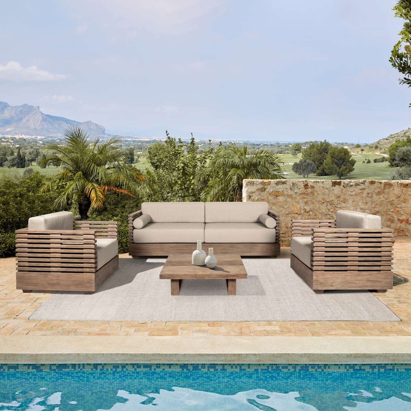 Vivid Outdoor Patio 4 Piece Conversation Set in Light Eucalyptus Wood with Taupe Olefin Cushions By Armen Living