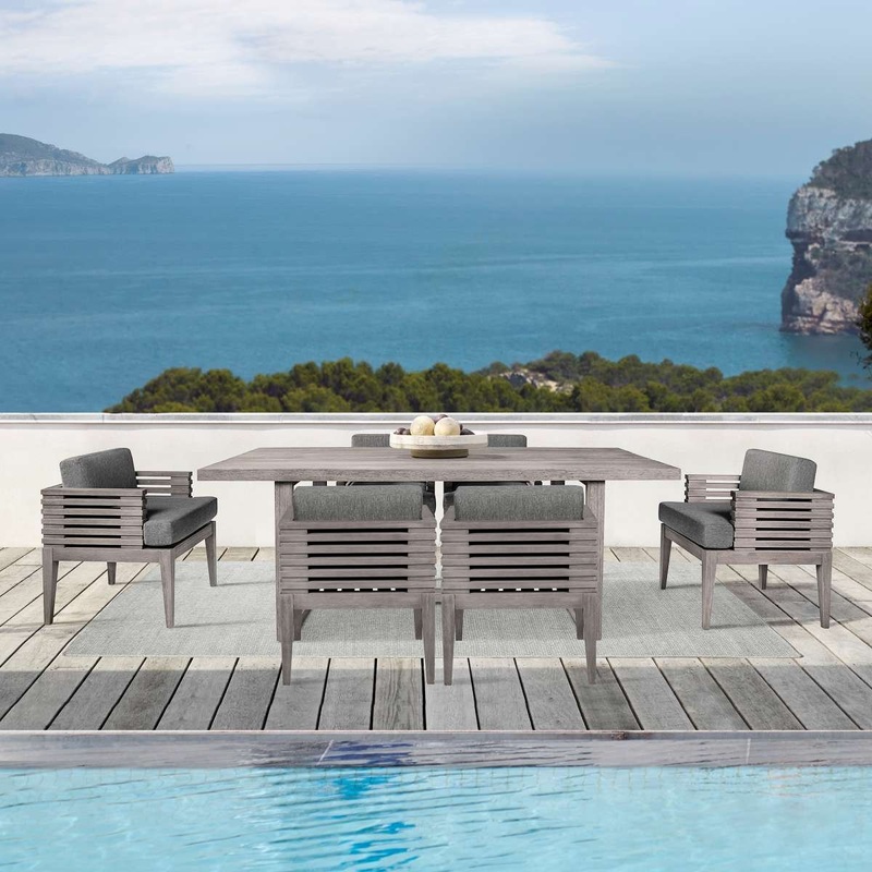 Vivid Outdoor Patio 7 Piece Dining Set in Gray Eucalyptus Wood with Gray Olefin Cushions By Armen Living