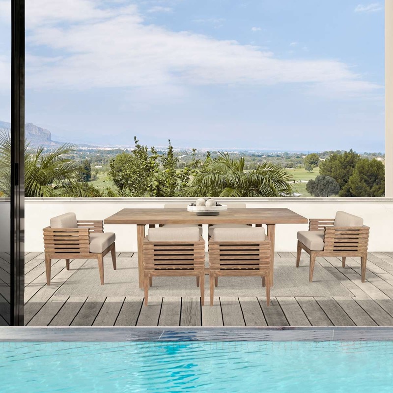 Vivid Outdoor Patio 7 Piece Dining Set in Light Eucalyptus Wood with Taupe Olefin Cushions By Armen Living