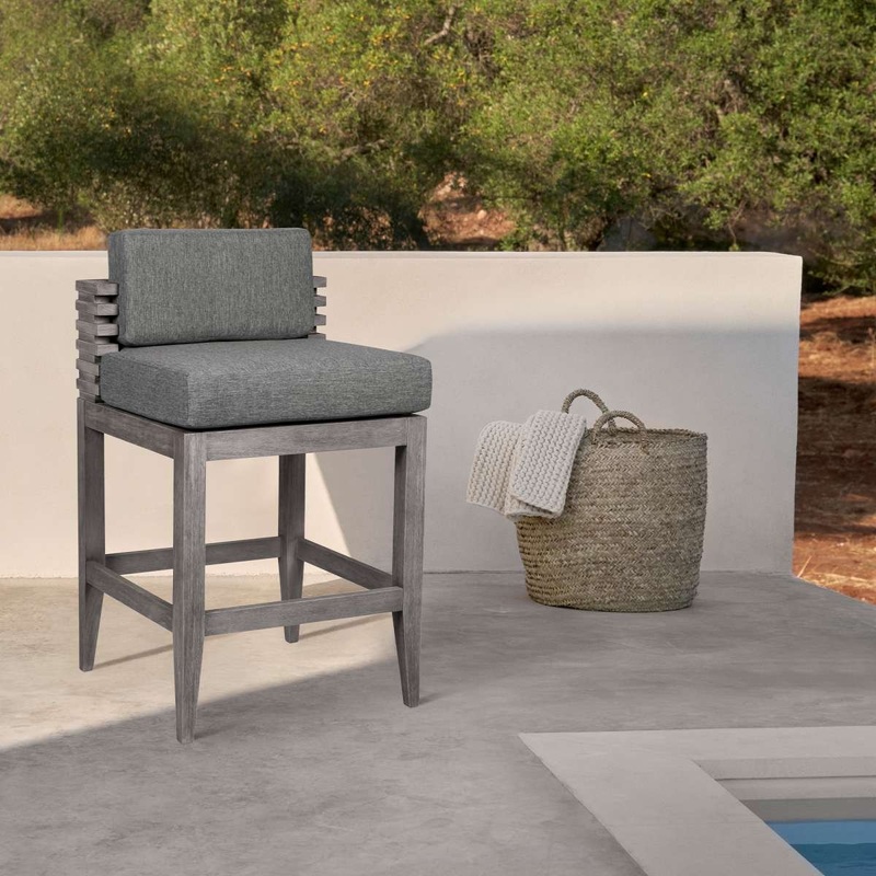Vivid Outdoor Patio Counter Stool in Gray Eucalyptus Wood with Gray Olefin Cushions By Armen Living