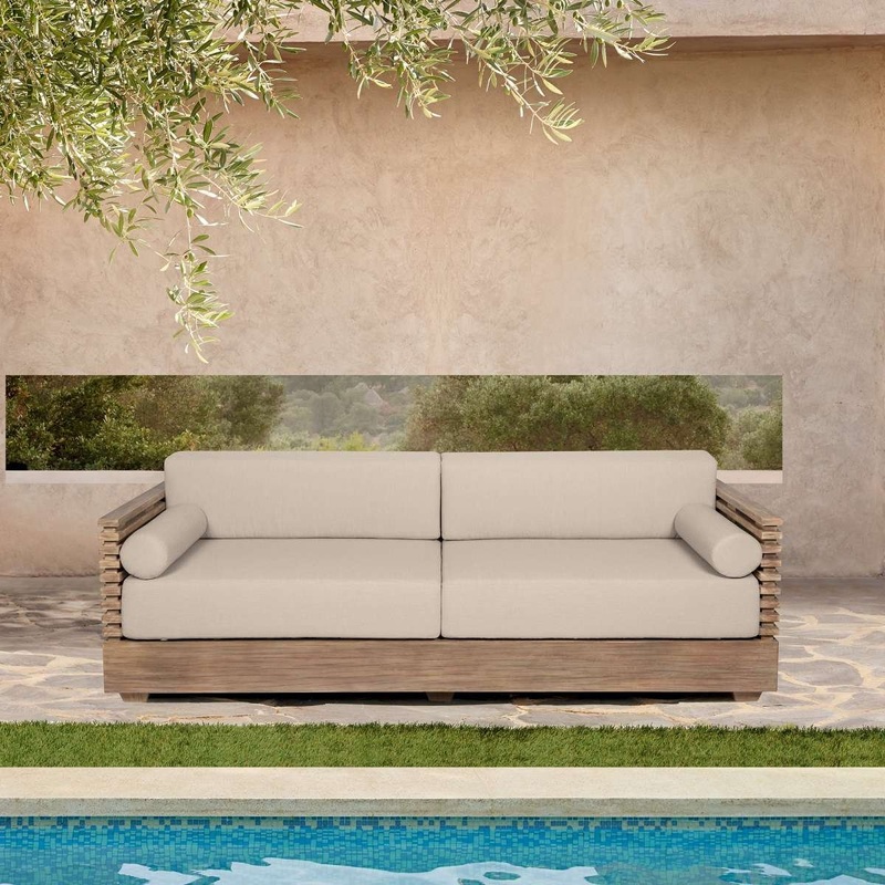 Vivid Outdoor Patio Sofa in Light Eucalyptus Wood with Taupe Olefin Cushions By Armen Living