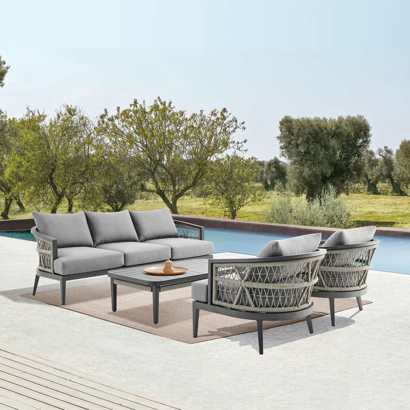 Zella Outdoor Patio 4 Piece Conversation Set in Aluminum with Light Gray Rope and Cushions By Armen Living