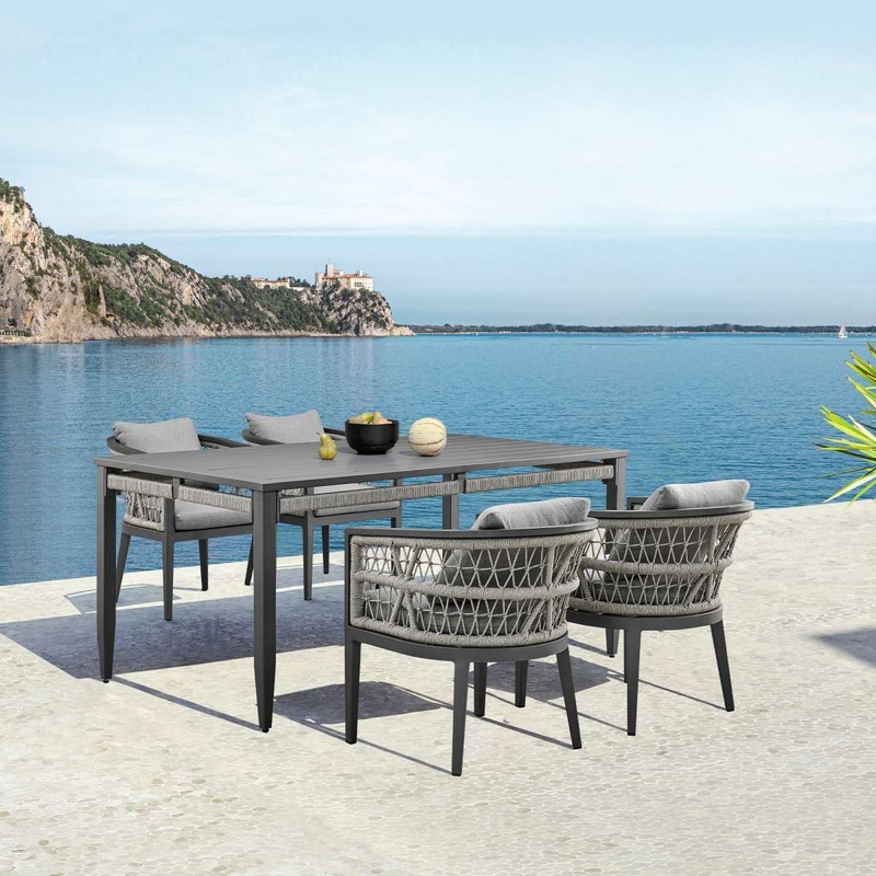 Zella Outdoor Patio 5 Piece Dining Set in Aluminum with Light Gray Rope and Cushions By Armen Living