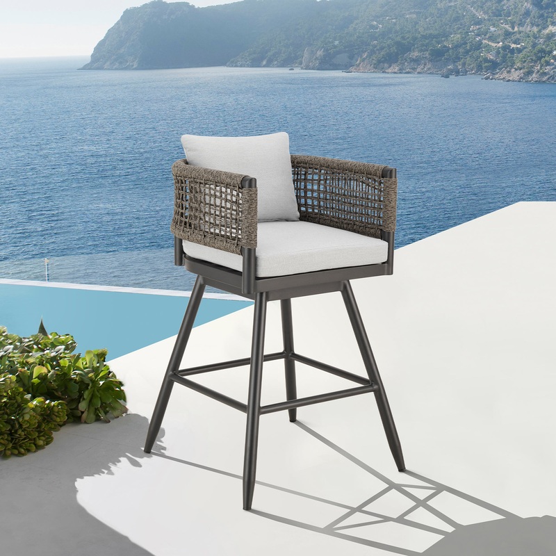 Alegria Outdoor Patio Swivel Bar Stool in Aluminum with Gray Rope and Light Gray Cushions By Armen Living