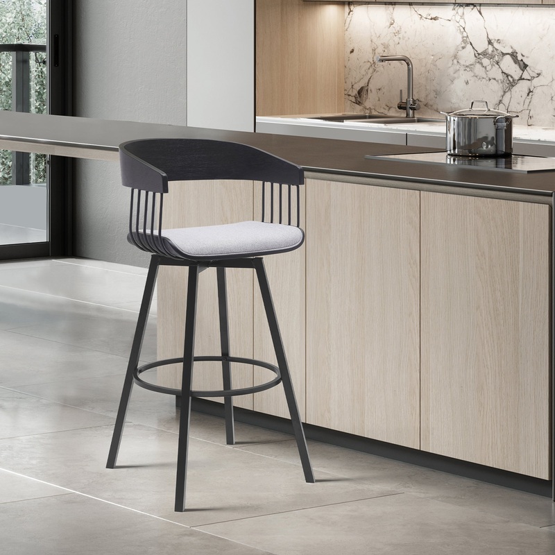 Athena 31" Swivel Black Wood Bar Stool in Light Gray Fabric with Black Metal By Armen Living