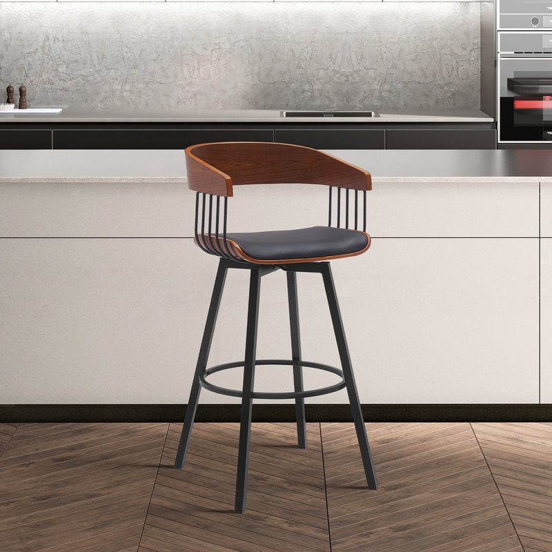 Athena 31" Swivel Walnut Wood Bar Stool in Black Faux Leather with Black Metal By Armen Living