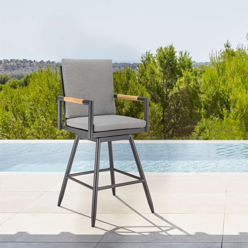 Crown Outdoor Patio Swivel Bar Stool in Aluminum with Tan Rope and Dark Gray Cushions By Armen Living