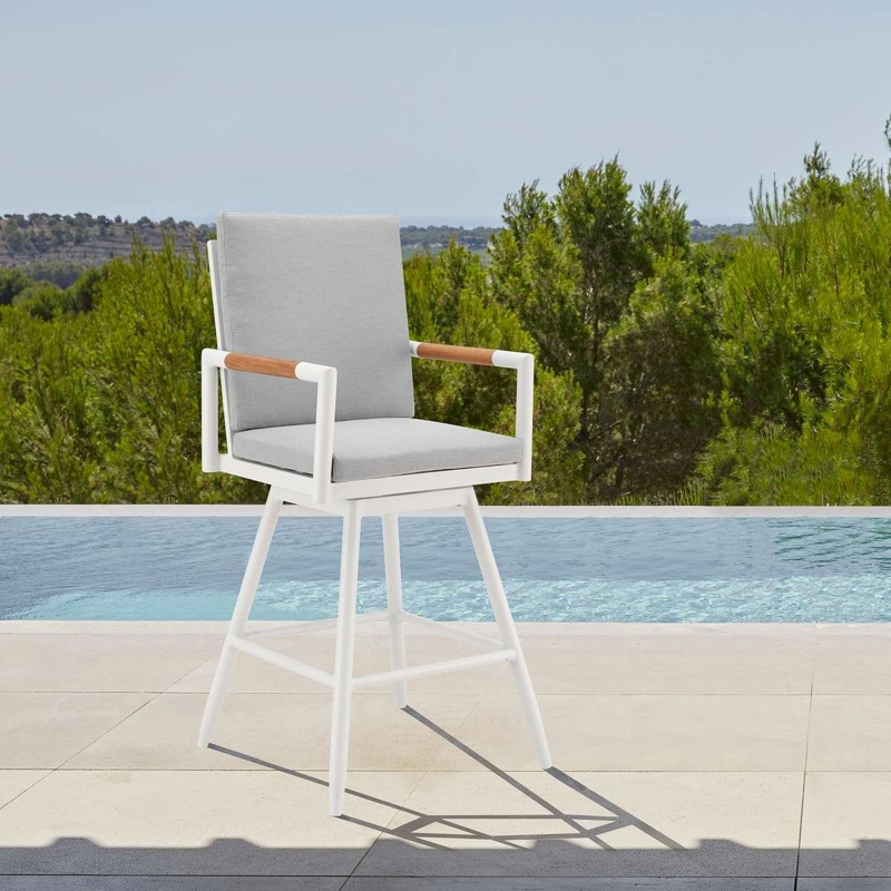 Crown Outdoor Patio Swivel Counter Stool in Aluminum with Brown Rope and Light Gray Cushions By Armen Living