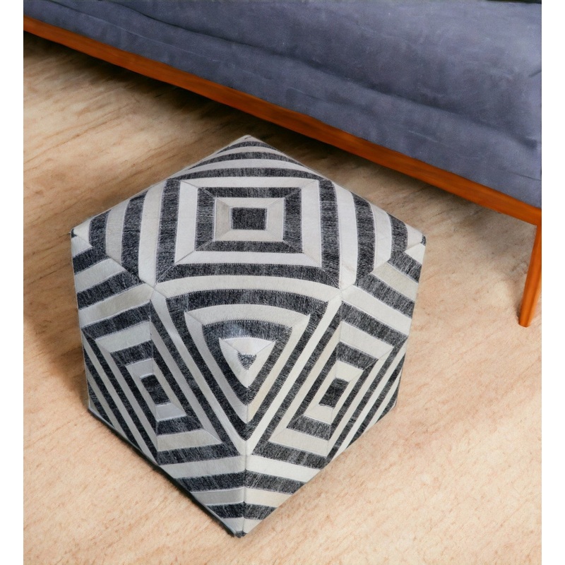 Dark Gray and Ivory Hair on Hide Cube Geometric Pouf Ottoman By Homeroots