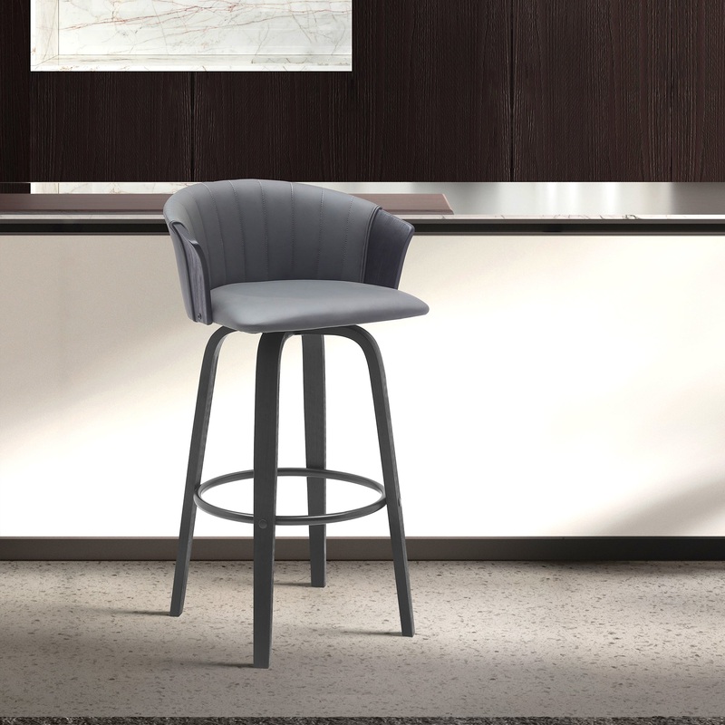 Diana 26" Swivel Black Wood Counter Stool in Gray Faux Leather By Armen Living