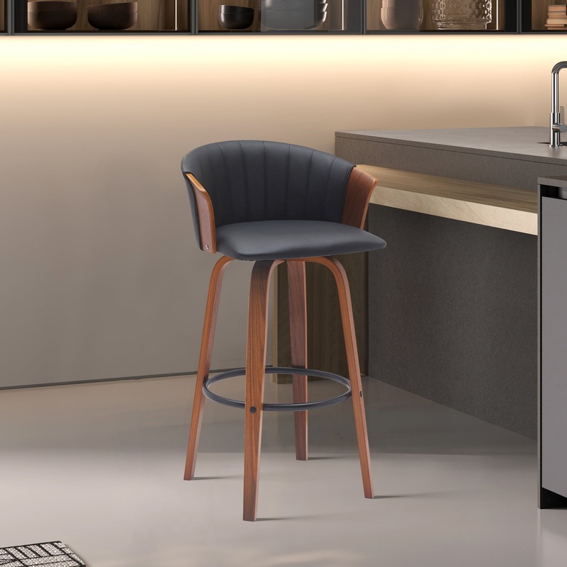 Diana 26" Swivel Walnut Wood Counter Stool in Black Faux Leather By Armen Living