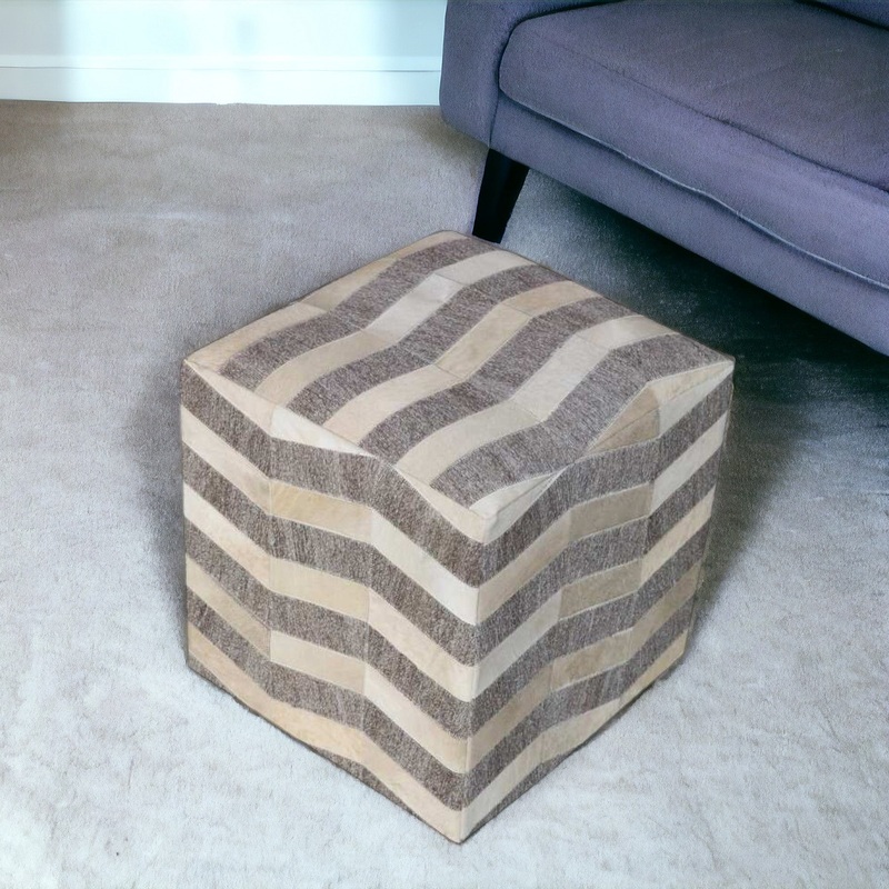 Gray and Beige Hair on Hide Cube Chevron Pouf Ottoman By Homeroots