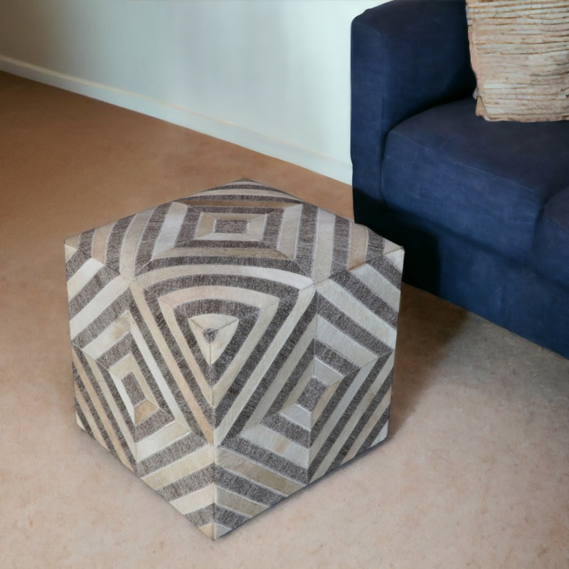 Gray and Beige Hair on Hide Cube Geometric Pouf Ottoman By Homeroots