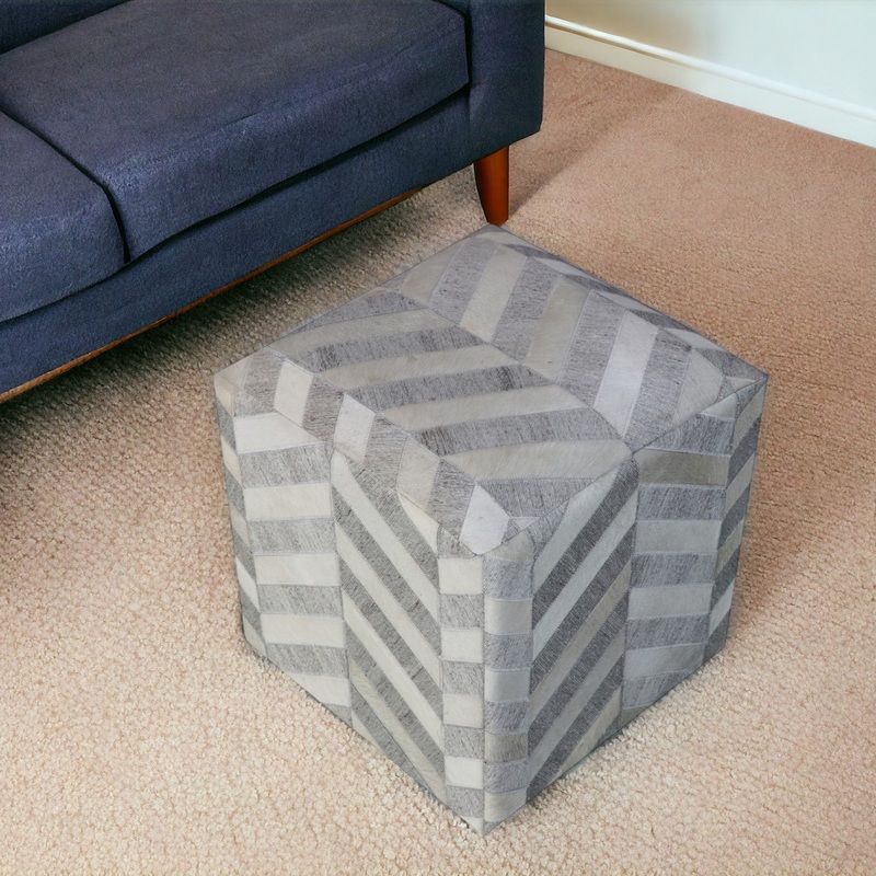 Gray and Ivory Hair on Hide Cube Chevron Pouf Ottoman By Homeroots