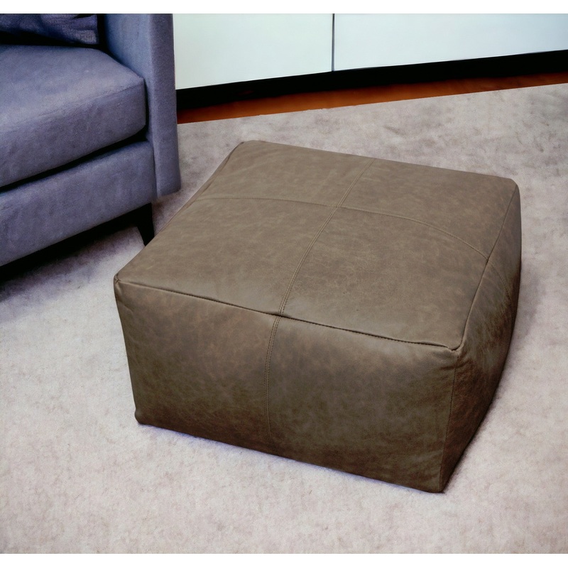 Gray Brown Distressed Leather Pouf Ottoman By Homeroots