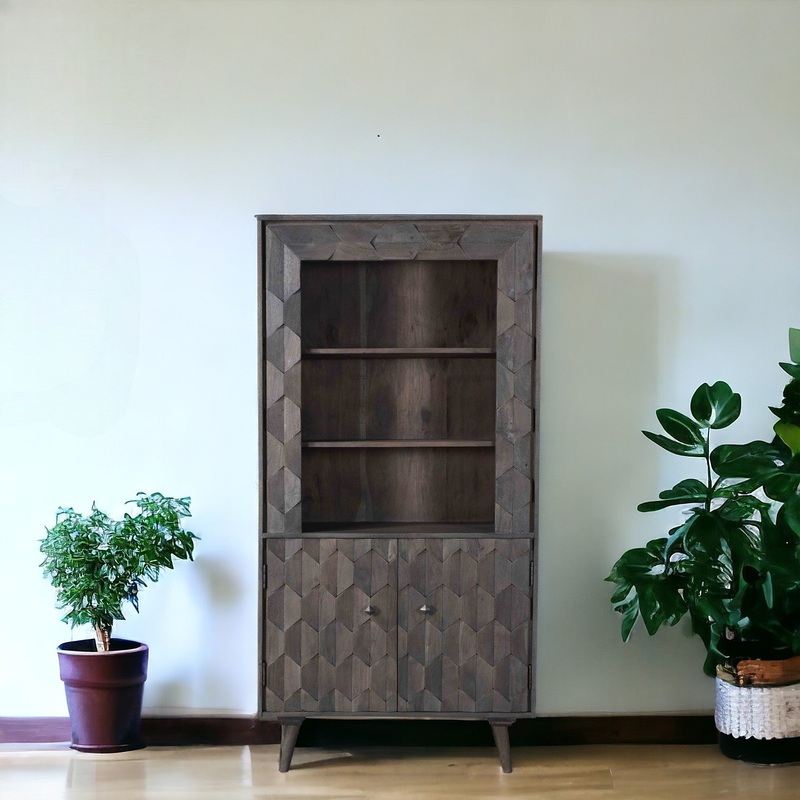 Gray Distressed Solid Wood Three Tier Bookcase with Two Doors By Homeroots