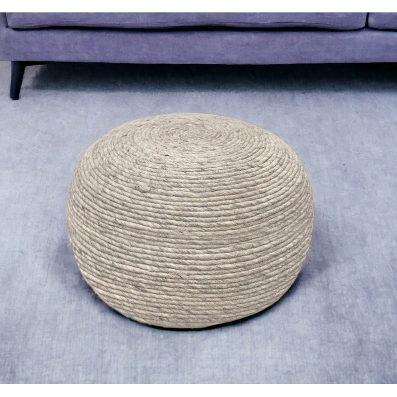 Gray Wool Round Ribbed Pouf Ottoman By Homeroots