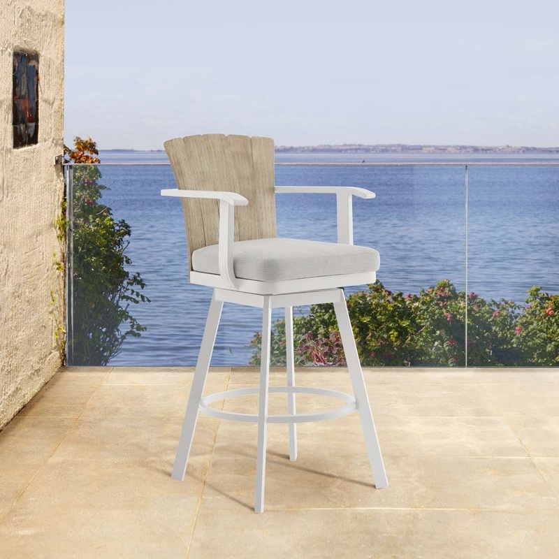 Hazel Outdoor Patio Swivel Counter Stool in Aluminum with Teak Wood and Argent Gray Cushions By Armen Living